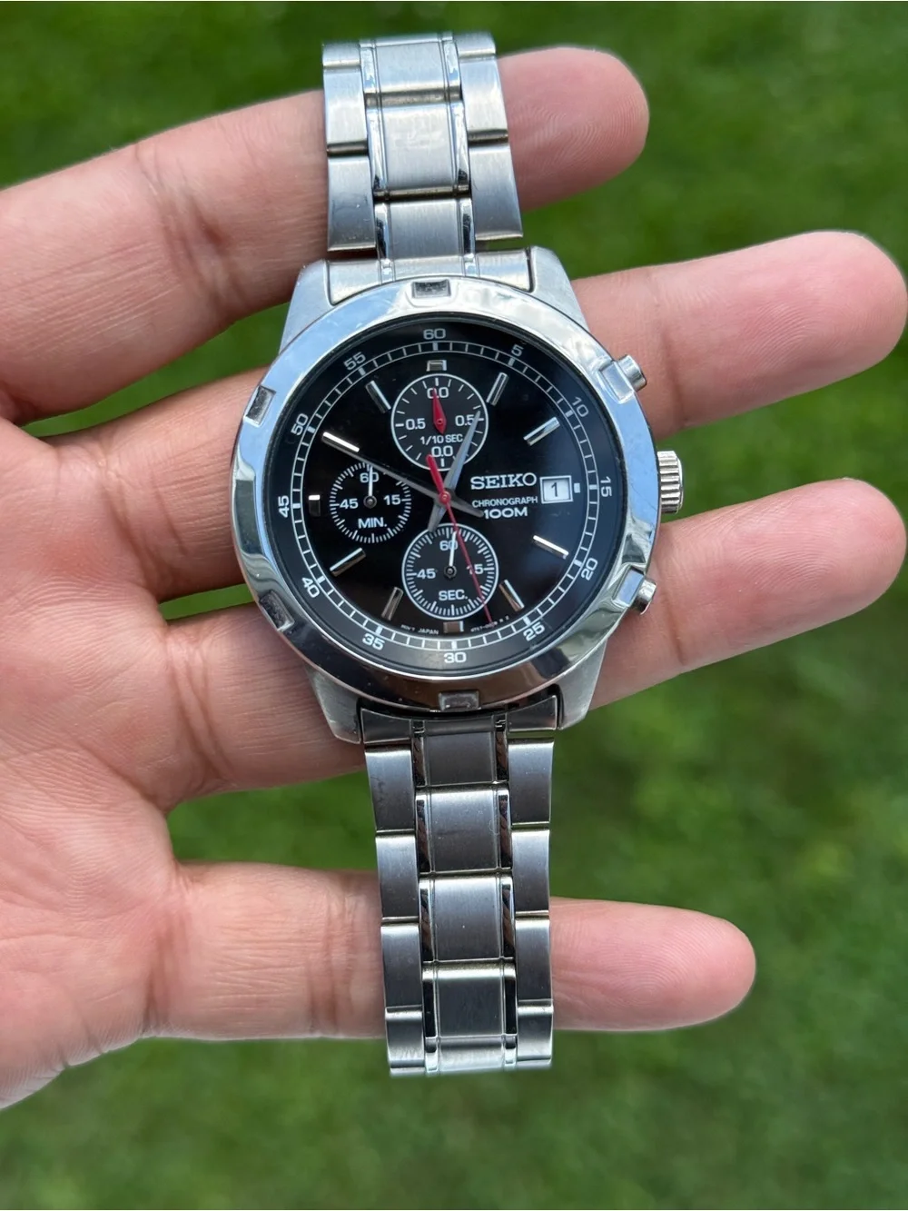 Seiko Black Dial Stainless Steel Chronograph Watch Mens